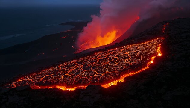 Active volcanic eruption with flowing lava and ash cloud at night