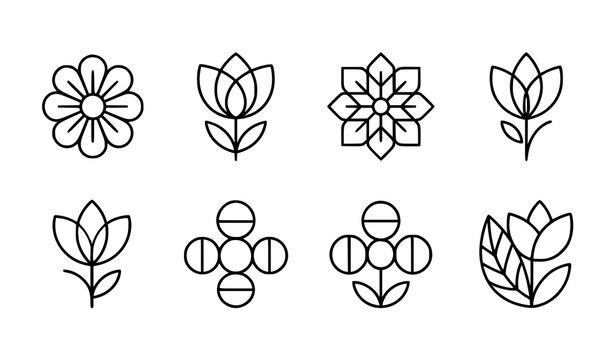 Minimalist floral and flower bloom outline icons set. Simple geometric botanical elements and garden plants linear vector illustration.
