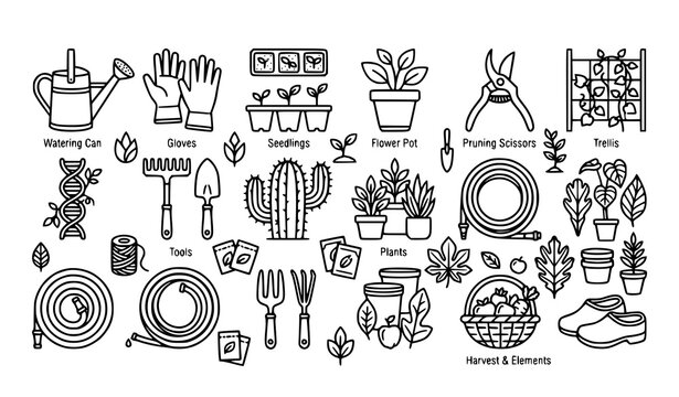 Gardening tools, potted plants, and backyard farming doodles set. Watering can, pruning scissors, gloves, and harvest line art elements.