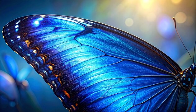 Close-up of iridescent blue morpho butterfly wing with open pattern