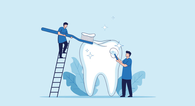 Dental care illustration with professional dentists using giant tools to clean and maintain healthy tooth hygiene.