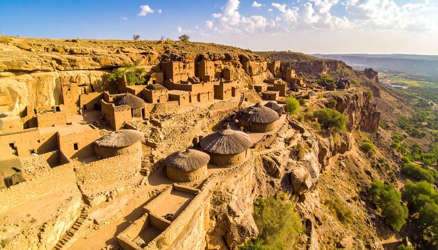 Aerial view of ancient mud brick cliff village with granaries and thatched roofs
