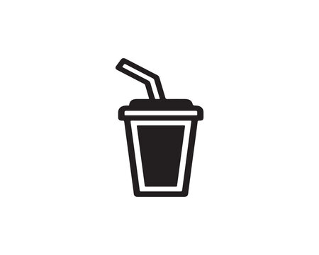 Minimalist black and white silhouette icon of beverage cup with straw, trapezoidal cup shape with thick outline, straw extending diagonally upward, clean design symbolizing drinks, refreshments