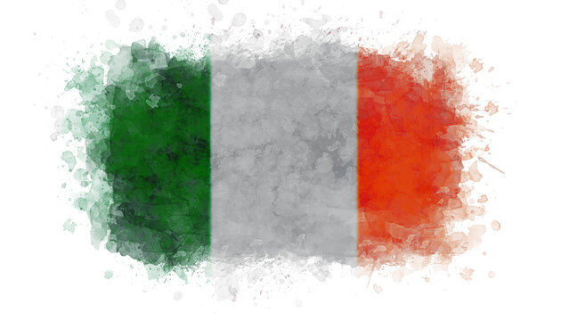 The Irish flag is artistically rendered in watercolor, showcasing its vertical bands of green, white, and orange with a subtly textured, paint-splattered finish.