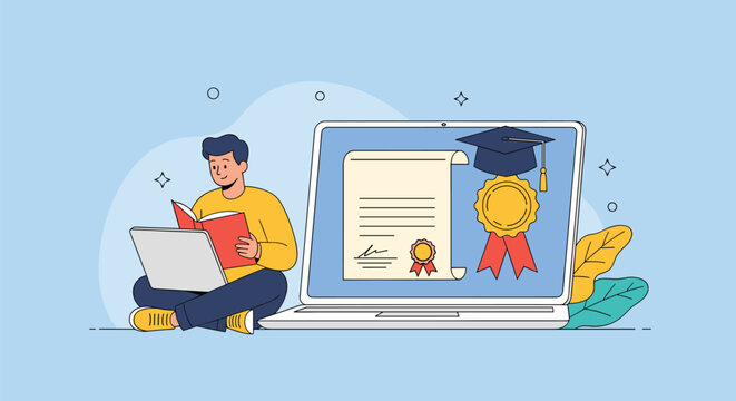 Student achieving educational goals through online learning platform featuring digital certificate and graduation cap symbol.