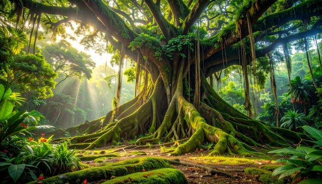 Massive buttress roots of a tropical strangler fig tree in sunlit rainforest
