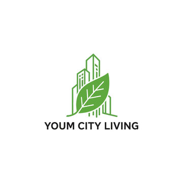 Green City Skyline with Large Leaf and Text "YOUM CITY LIVING" Concept on Isolated White Background
