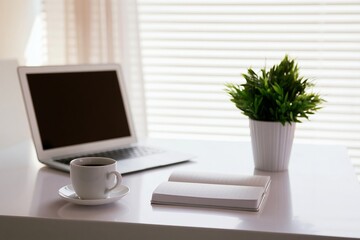 Fototapeta premium Minimal office workspace with laptop notebook coffee and plant