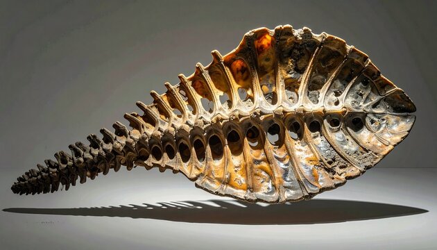 Close-up of an articulated ichthyosaur flipper fossil cast in museum lighting