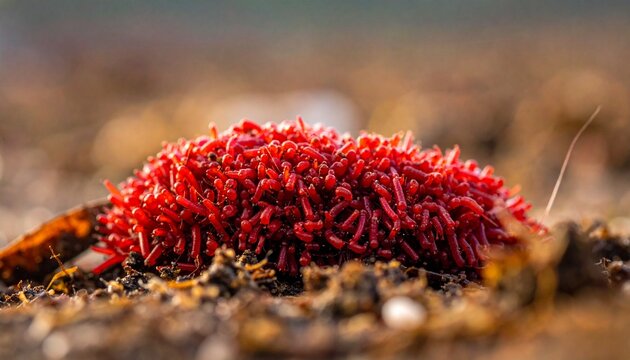 Close-up of red Tubifex worm colony in freshwater sediment