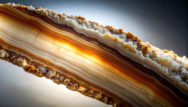 Close-up of stalactite cross-section showing calcite growth rings and color bands
