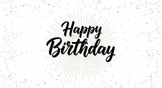 Happy Birthday text in a retro style with sunburst background
