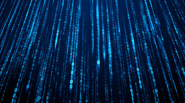 Digital Rain: Abstract image of a data stream flowing downward, resembling digital rain. Illuminated by radiant blue light