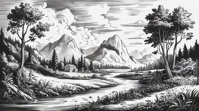 Black and white landscape engraving of mountain peaks, a winding river, and a small cabin in the forest