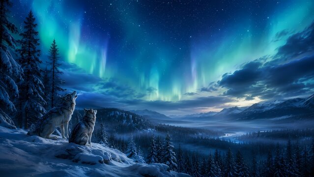 Enchanting Aurora Borealis: Captivating scene of the awe-inspiring Northern Lights illuminating a snowy landscape, where two wolves pause to observe the celestial dance above them. 