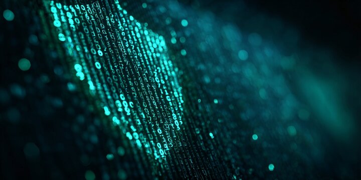 digital data stream in neon blue and green with binary code and circuit elements