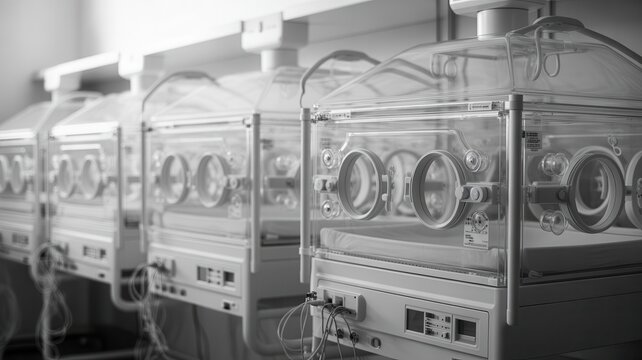 Row of modern baby incubators in a hospital neonatal intensive care unit