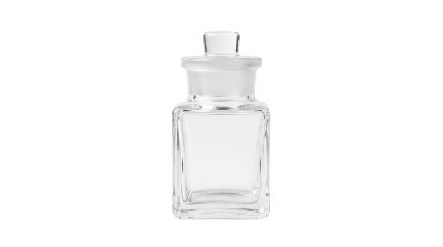 Clear rectangular perfume bottle with spray nozzle on white background.