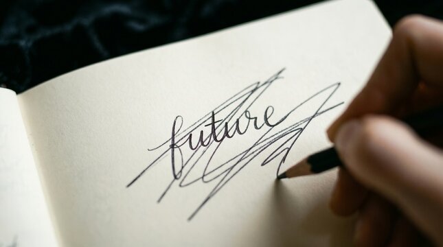 A hand aggressively scribbles out the elegantly written word "future" in a notebook. It captures a sudden, sharp onset of anxiety, self-sabotage, and the frantic erasure of hope.