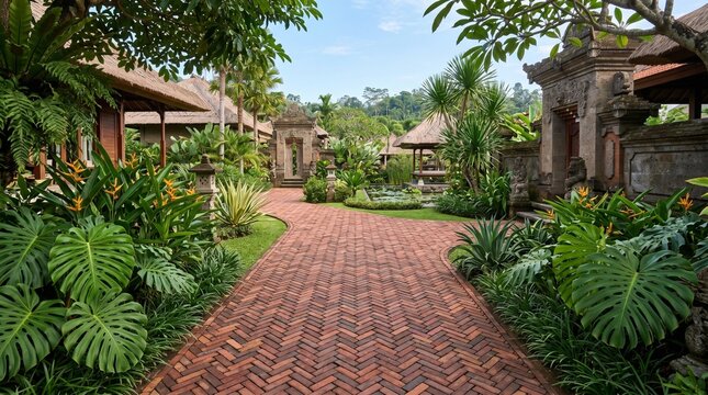 Luxury traditional Balinese resort pathway with red brick pavement surrounded by lush tropical garden greenery and exotic architecture under bright blue sky for travel and hospitality concept.