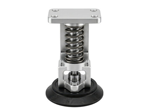Industrial vibration isolator mounted on a black base with metallic spring mechanism.