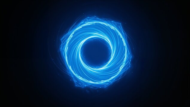 Abstract glowing blue ring with energy lines and light effects against dark background