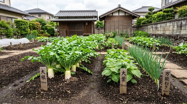 Organic vegetable garden with daikon radish and shiso growing in rows under soft daylight near traditional Japanese wooden houses for sustainable agriculture concept