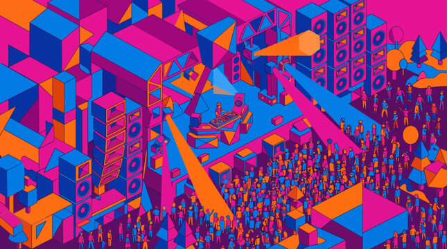 Vibrant Isometric Music Festival Scene with Crowd and Speakers.