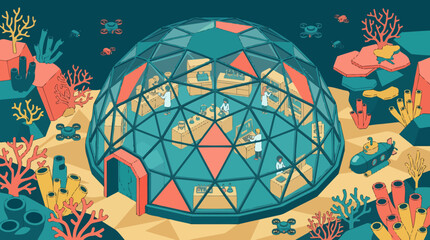 Underwater geodesic dome research station with marine life. © yahya