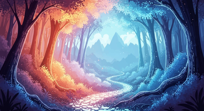Mystical, ethereal forest path with glowing blue foliage leading deeper into a tranquil, magical woodland.