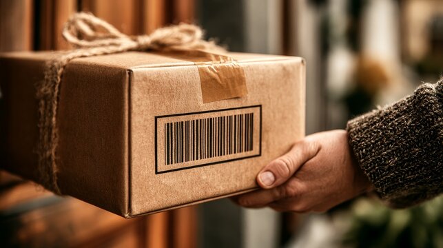 Hand Holding Open Brown Gift Box With Wrapped Present and Barcode Label