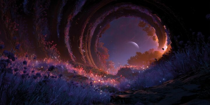 A mystical tunnel of glowing purple and pink flowers frames a magical night scene with a bright celestial light.