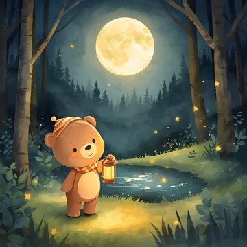 Cute cartoon teady bear holding Lantern in magical night forest under full moon 