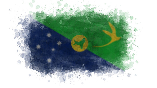 The flag of Christmas Island is displayed with a watercolor paint splatter on a white background, representing the Australian external territory.