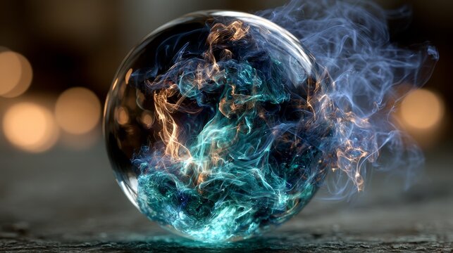 Cosmic divination sphere glowing with mysterious blue smoke and energy
