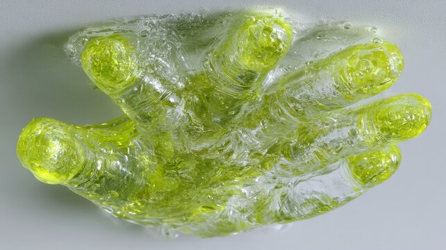 Vibrant lime green slime handprint texture abstract background of fresh cleaning wash gel