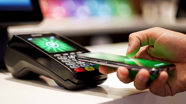 Modern contactless mobile payment transaction on POS terminal with smartphone tap, digital wallet NFC technology, secure cashless shopping and fintech payment concept.