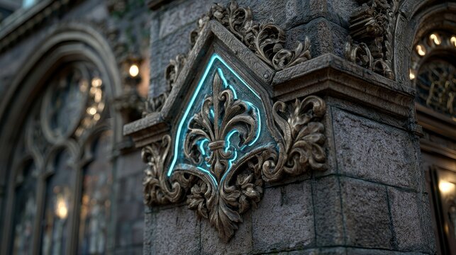 Gothic Architecture Detail: Illuminated Blue Fleur de Lys Symbolism
