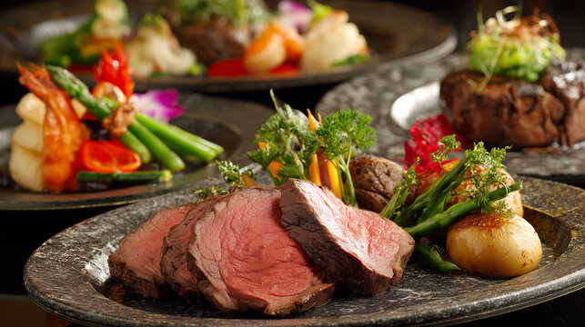 Premium Japanese Wagyu beef steak served in a luxury fine dining restaurant.