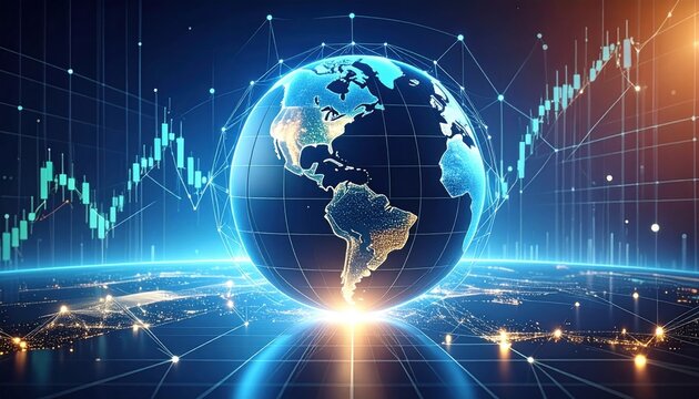 Digital globe with financial data streams and network connections, symbolizing global business and technology
