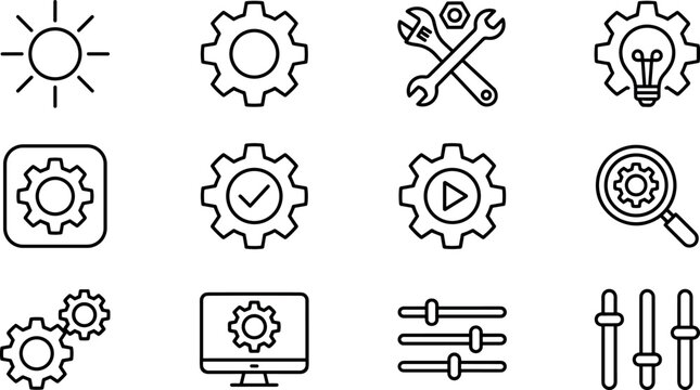 System Settings and Technical Configuration Icon Set Featuring Maintenance Tools Options Sliders Web Interface Controls and Gear Optimization Line Art Vectors