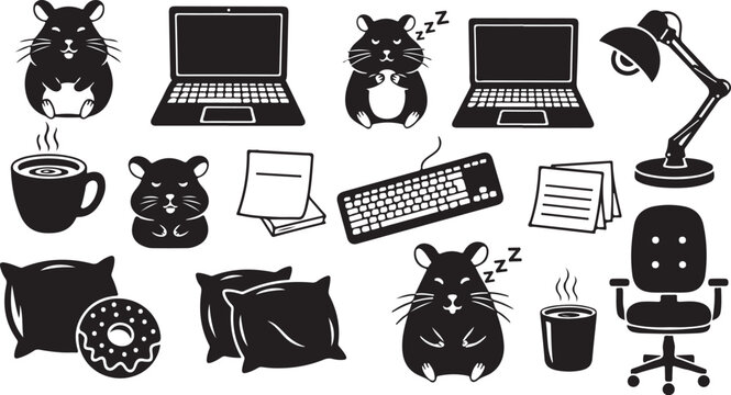 Cute Hamsters Working Late at Office Desk Illustration