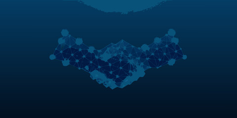 3d wireframe handshake formed from glowing blue polygonal mesh against a dark background high quality © Milon