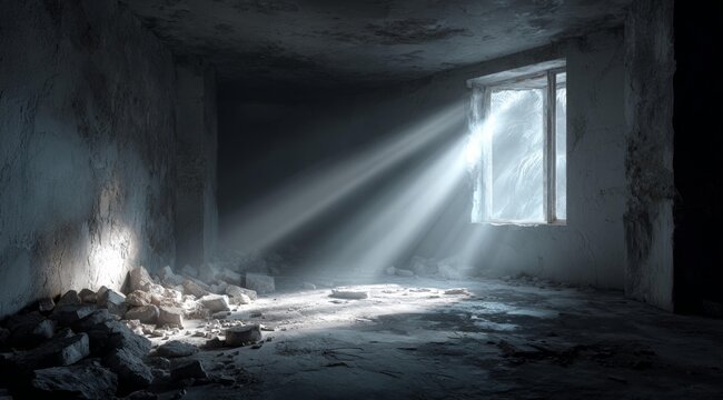 Dramatic shaft of light streams through a window into a dark, empty stone room, creating a stark and ethereal atmosphere.