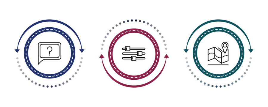 outline ultimate glyphicons icons set - question message, tings bars, map locator. editable vector for web and mobile ui