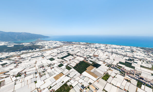 Demre, Turkey. Strategic aerial of high-yield greenhouse production zones stretching towards the Mediterranean coast, highlighting proximity to sea for transport and favorable climate. Aerial view