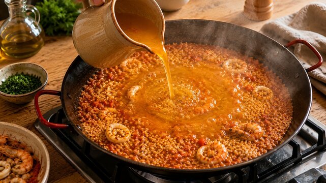 Seafood Paella step by step, Stage 6 of 8: Pouring Broth, Paella de Marisco cooking process