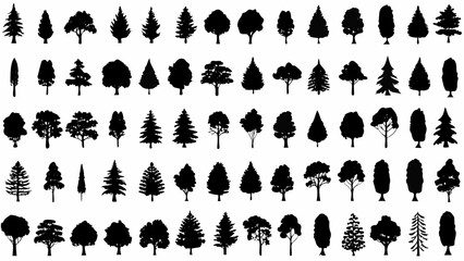 Collection of black and white tree silhouettes arranged in a grid on a white background © Milon