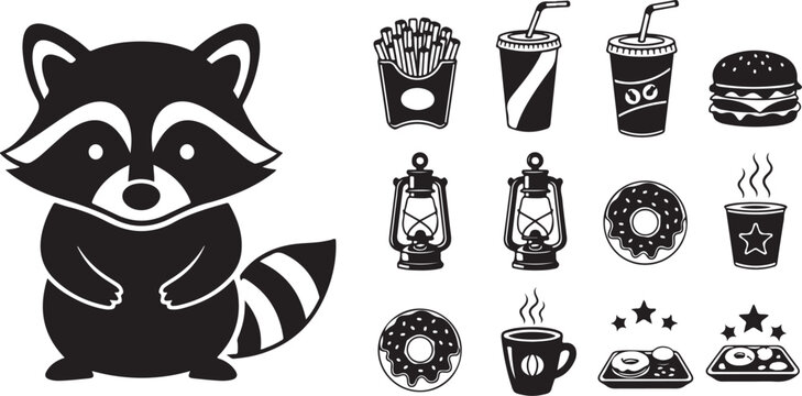 Raccoon and various food and drink items illustration