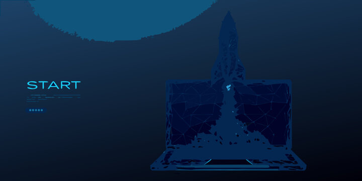 low poly wireframe rocket launching with blue glow digital illustration on dark background high quality
